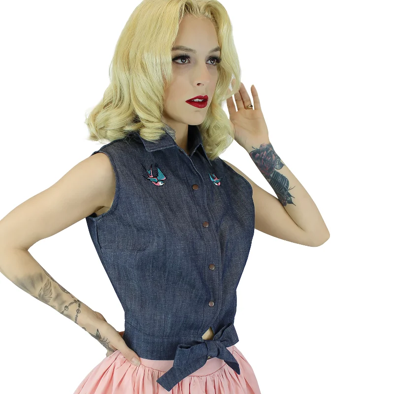 Embroidered Sparrows Sleeveless Denim Knot Top #E-2SDKT