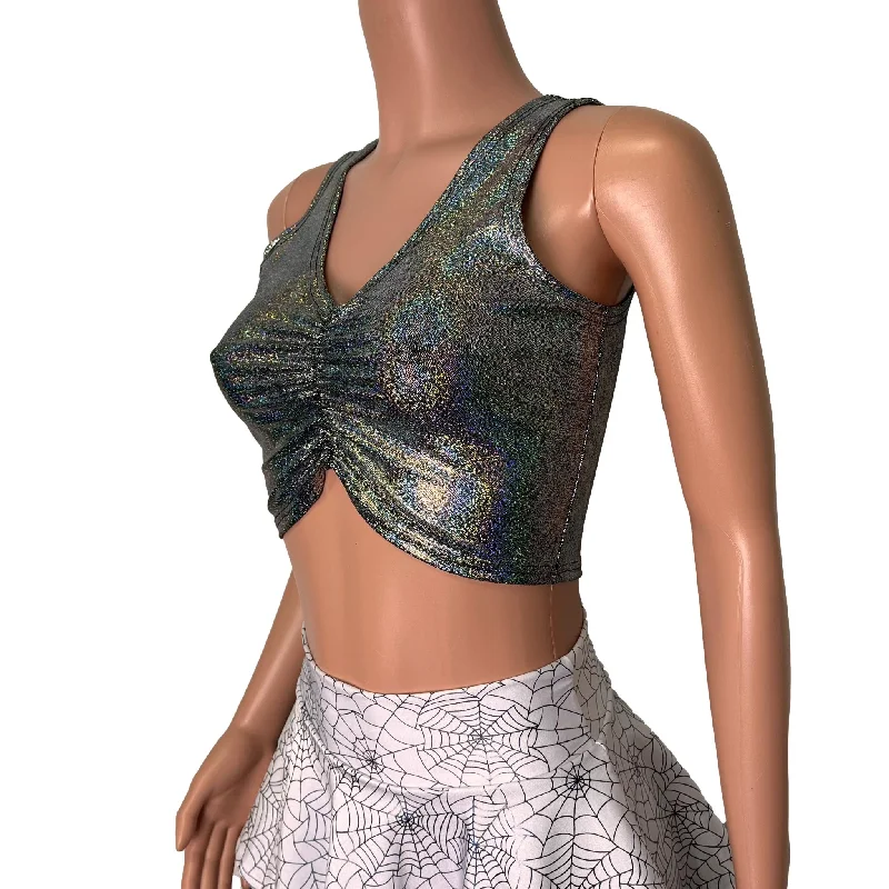 Gleaming Silver Sparkle Holographic Ruched Crop Top Tank