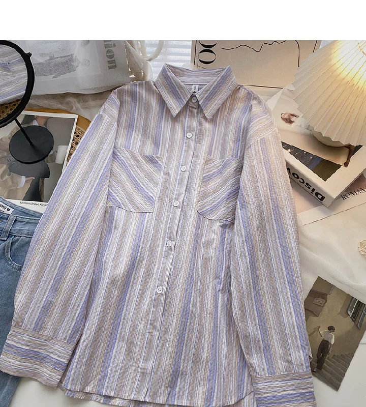 Lazy wind Stripe Shirt loose long sleeve cardigan top  6424