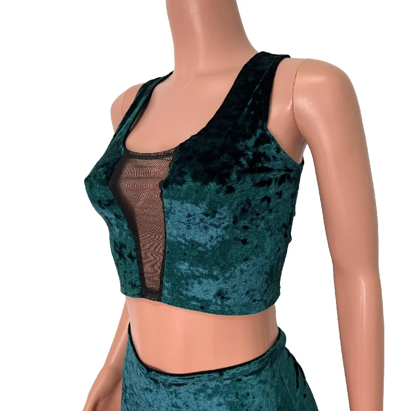 Mesh Inset Crop Tank Top - Hunter Green Crushed Velvet