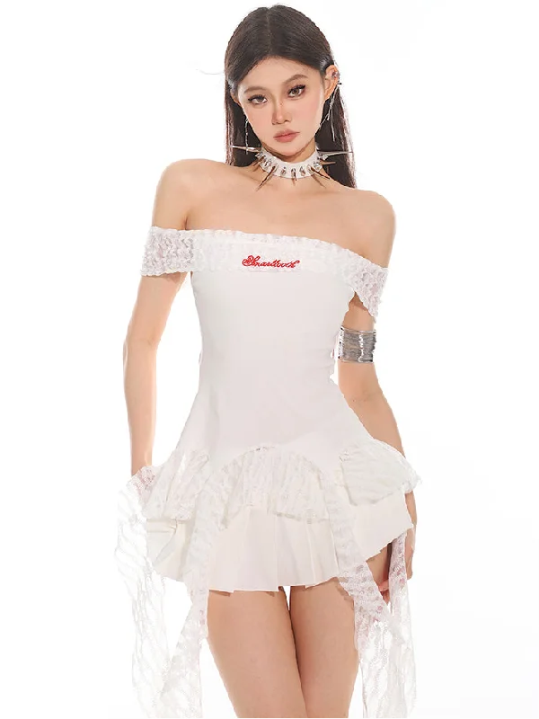 Nancy Solid Color White Off-the-Shoulder Top, Short Sleeve Lace Ruffle Tassels Top