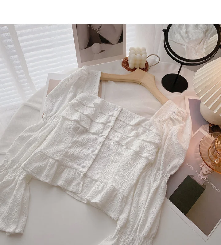 Ruffled Square Neck Shirt Short flare sleeve top  6429