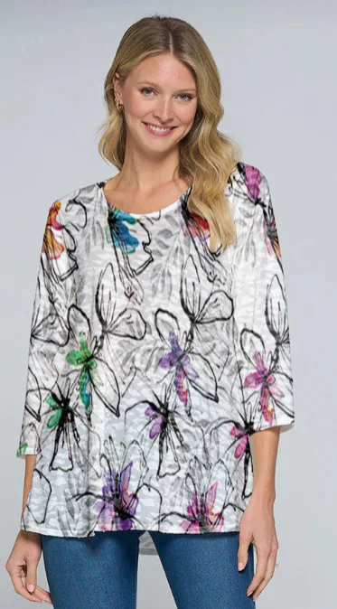 Shirt 3/4 Sleeve Multi Color White Abstract Honey k3140 781