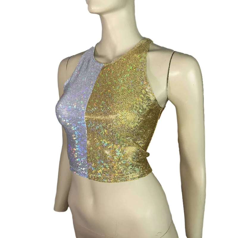 Silver/Gold Holographic Shattered Glass Crop Top - bodycon Clubwear, Rave Wear, Activewear, Running, Yoga, crossfit