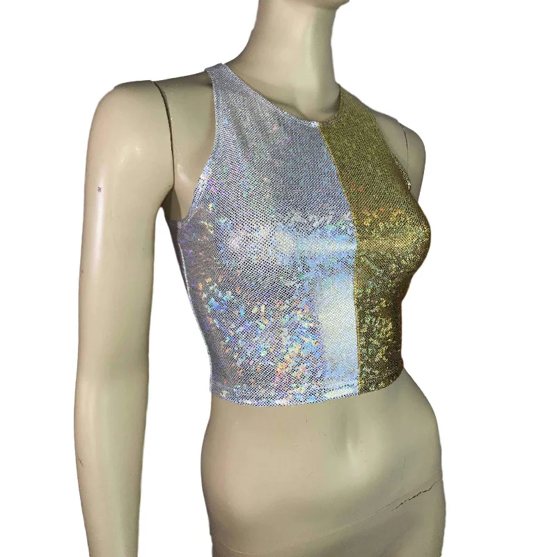 Silver/Gold Holographic Shattered Glass Crop Top - bodycon Clubwear, Rave Wear, Activewear, Running, Yoga, crossfit