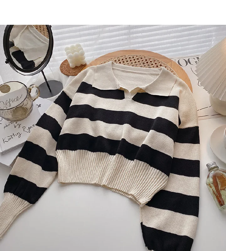 Small Pullover short Long Sleeve Striped Top  6451