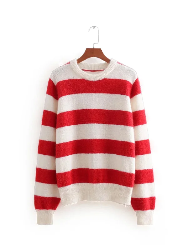 Striped crew neck Pullover long sleeve sweater loose sweater top  7458