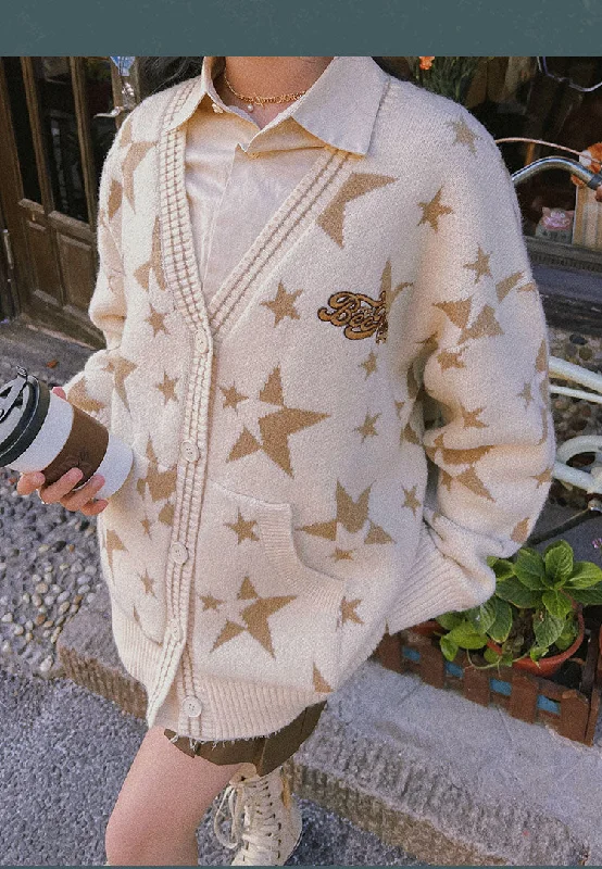 Twinkle Star Graphic Print V-Neck Button Up Long Sleeve Sweater