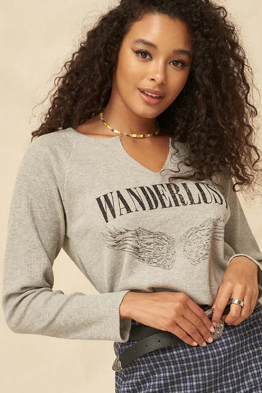 Wanderlust Vintage Split-Neck Thermal Graphic Top