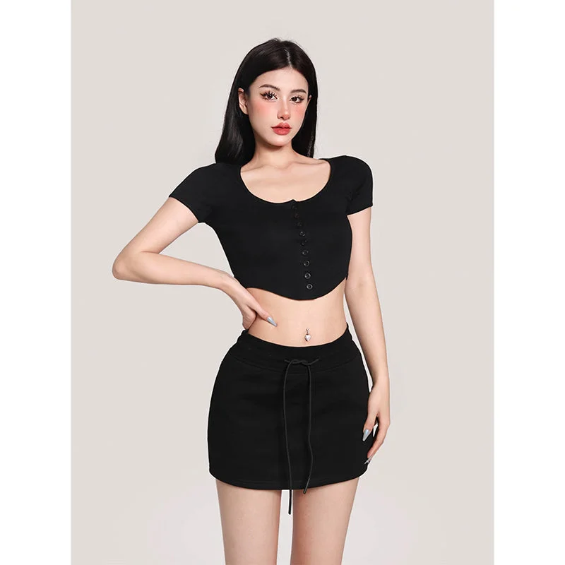 Yielle Solid Color Button Up Short Sleeve Slim Top