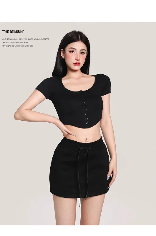 Yielle Solid Color Button Up Short Sleeve Slim Top