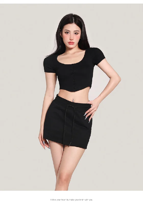 Yielle Solid Color Button Up Short Sleeve Slim Top