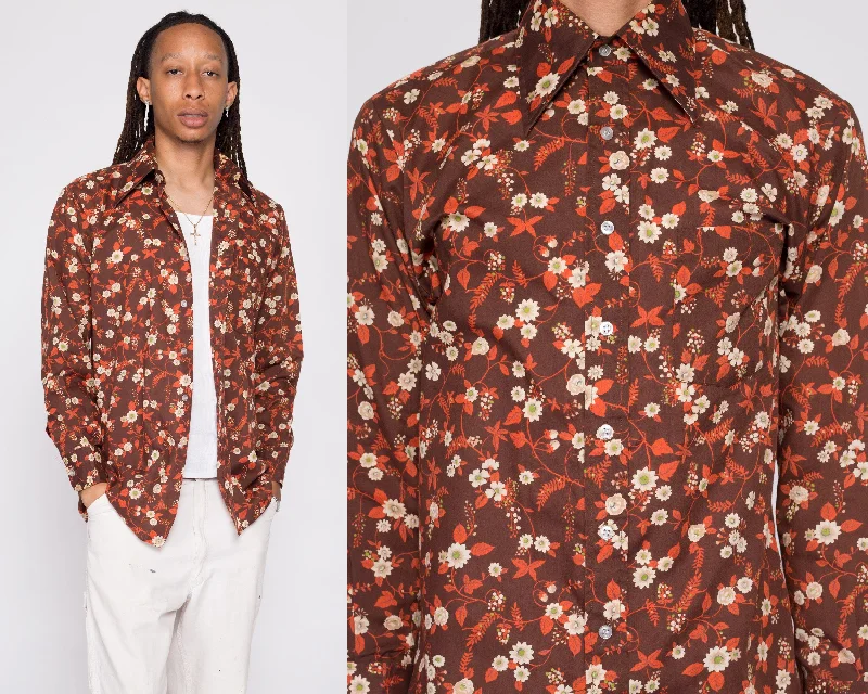 70s Brown Floral & Leaf Print Collared Shirt - Men's Medium