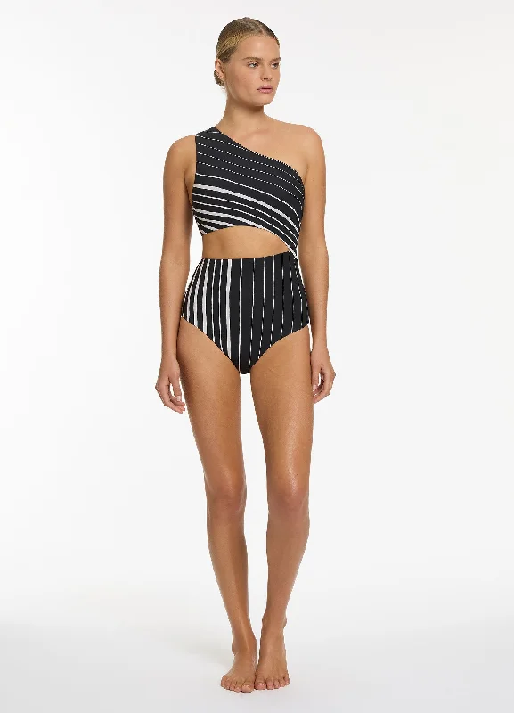 Lunar Stripe One Shoulder Cut Out One Piece - Black/Chalk