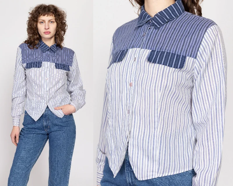 Medium 90s Blue & White Striped Collared Top