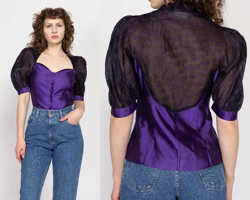 Small 80s Purple Silk Puff Sleeve Blouse