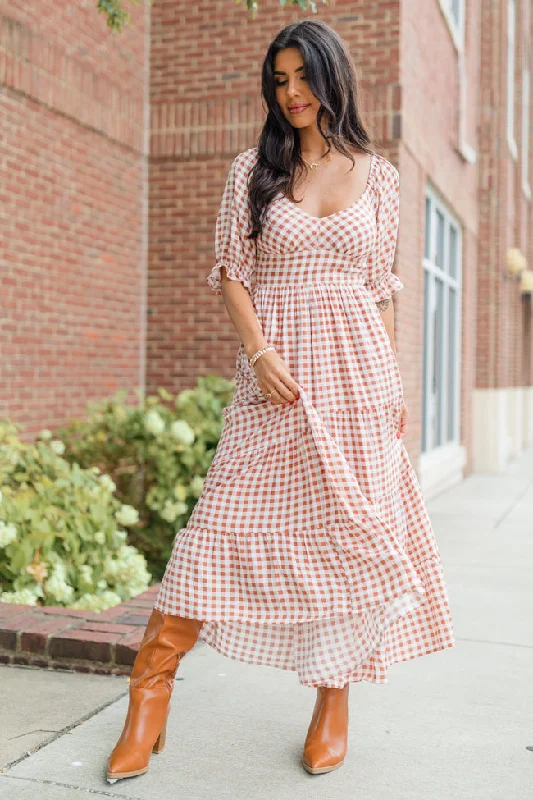 Thankful For You Rust Gingham Puff Sleeve Midi Dress