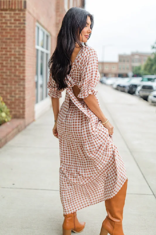 Thankful For You Rust Gingham Puff Sleeve Midi Dress