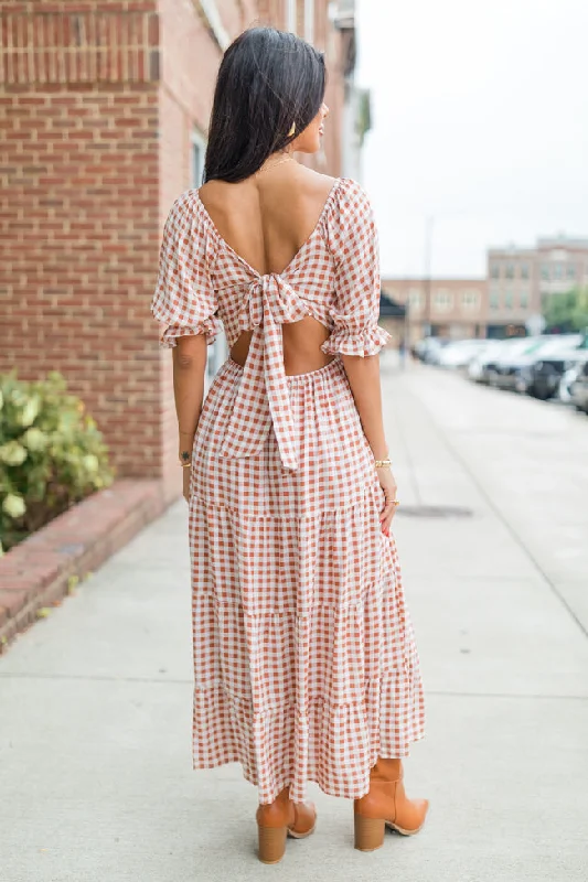 Thankful For You Rust Gingham Puff Sleeve Midi Dress