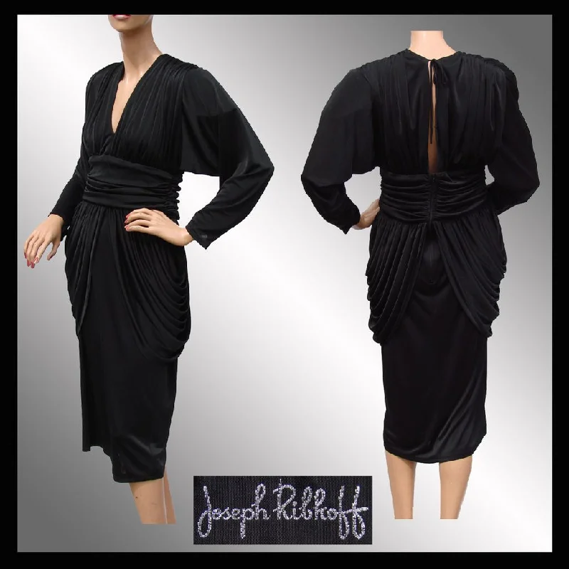 Vintage 1980s Black Draped Jersey Dress - Joseph Ribkoff  - Size M