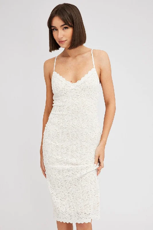 White Midi Dress Sleeveless V-Neck Bodycon Lace Stretch