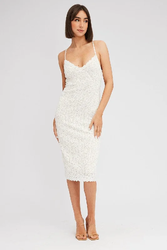 White Midi Dress Sleeveless V-Neck Bodycon Lace Stretch