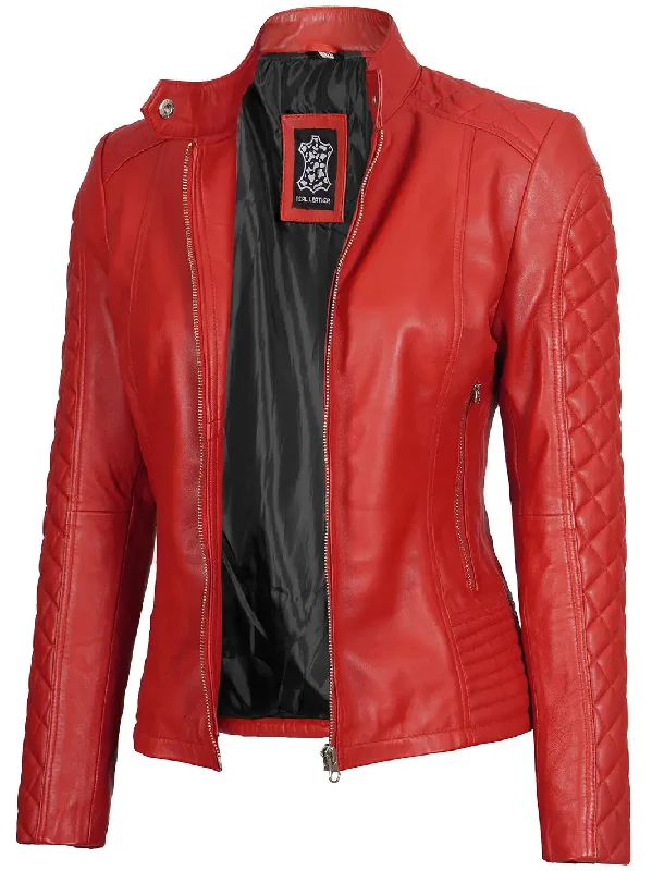 Women Red Quilted Cafe Racer Leather Jacket