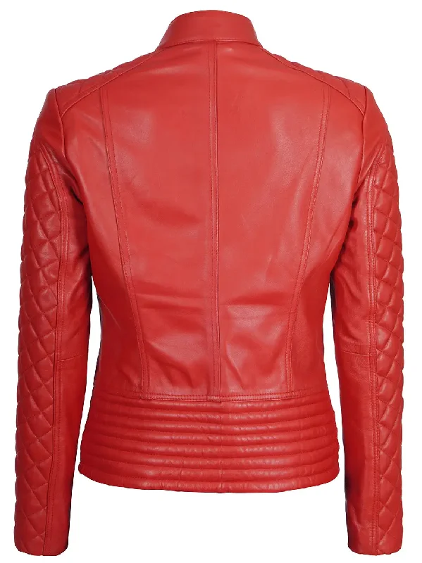 Women Red Quilted Cafe Racer Leather Jacket