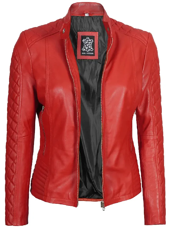 Women Red Quilted Cafe Racer Leather Jacket