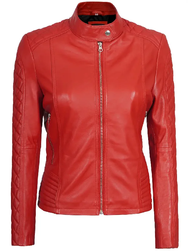 Women Red Quilted Cafe Racer Leather Jacket