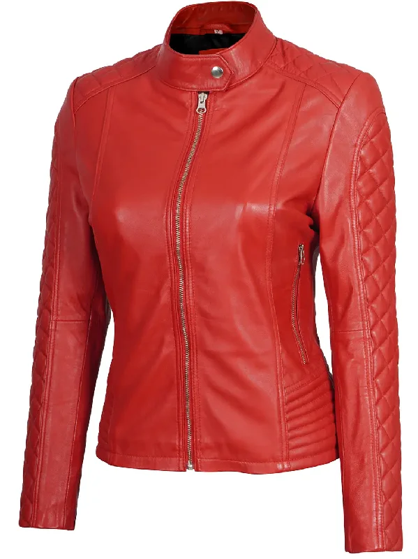 Women Red Quilted Cafe Racer Leather Jacket