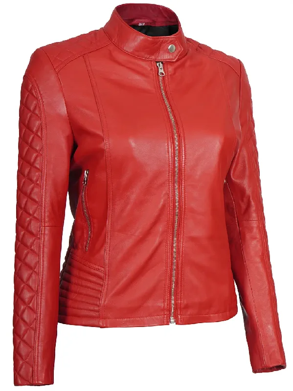 Women Red Quilted Cafe Racer Leather Jacket