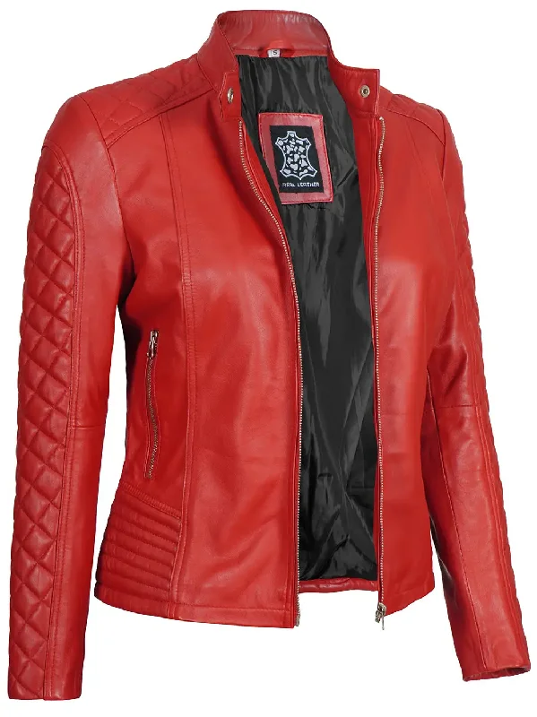 Women Red Quilted Cafe Racer Leather Jacket