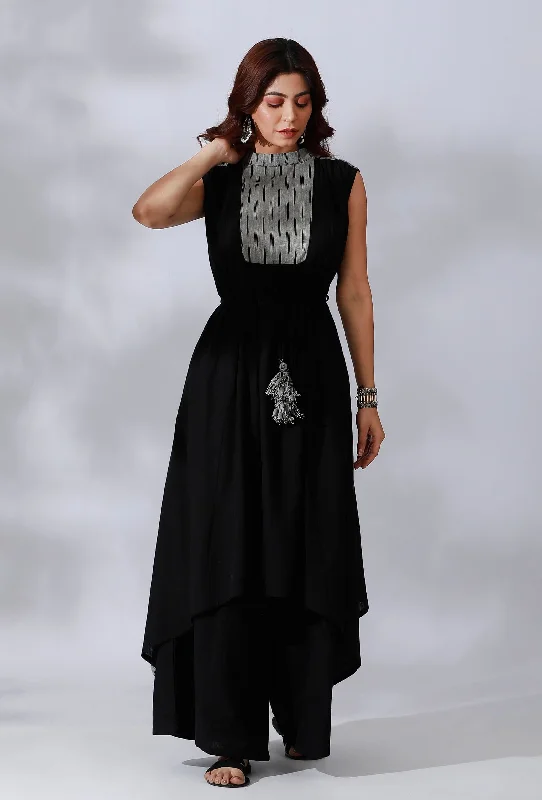 Black Asymmetrical Tie-Up Kurta With Ikkat Yoke In Front And Back Side Panels