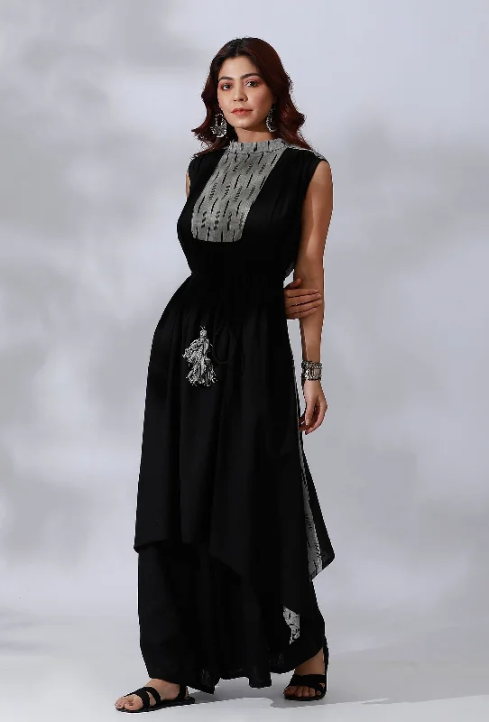 Black Asymmetrical Tie-Up Kurta With Ikkat Yoke In Front And Back Side Panels