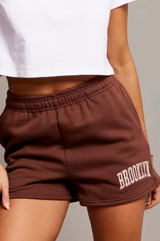 Brown Track Shorts High Rise Elastic Waist