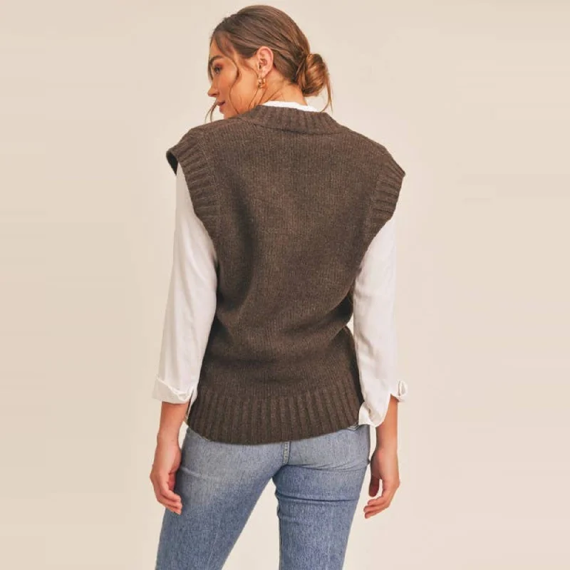 Cable Knit Oversized Sweater Vest (Espresso)