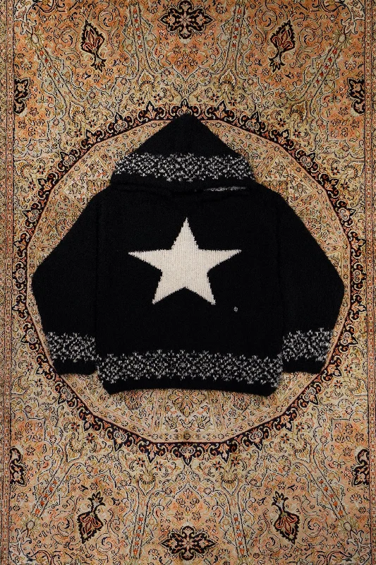 OVERSIZED STAR MOTIF KNIT HOODIE (BLACK)