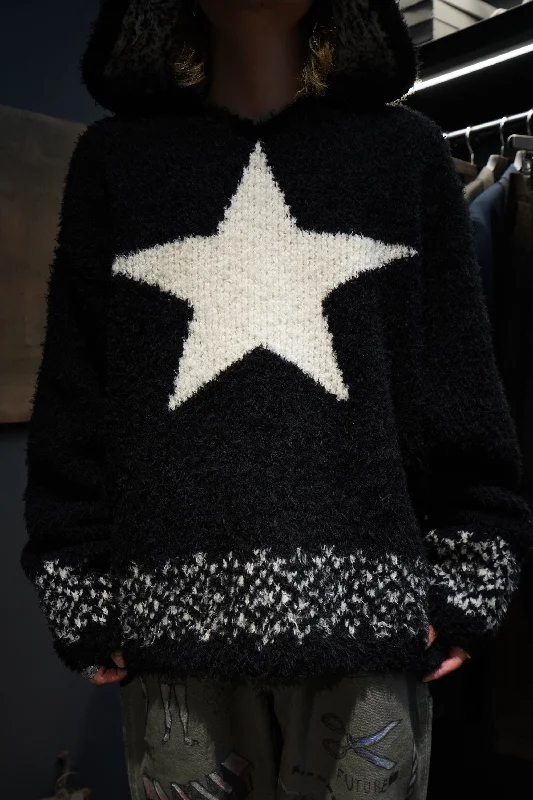 OVERSIZED STAR MOTIF KNIT HOODIE (BLACK)