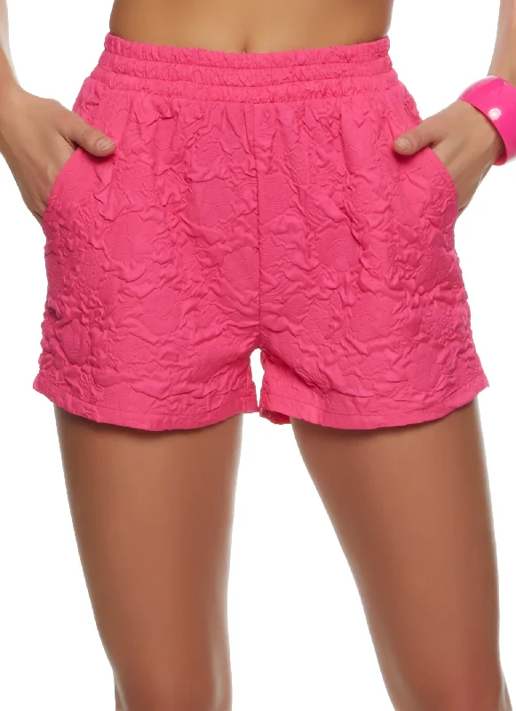 Textured Knit Floral High Waist Shorts