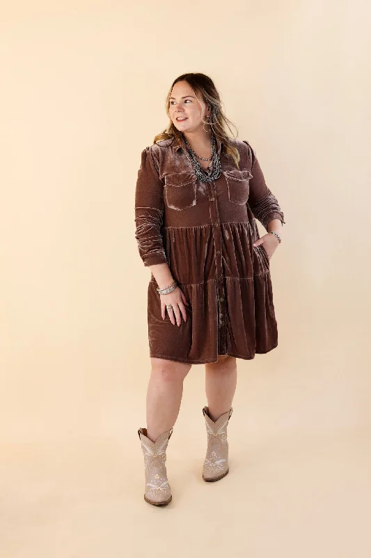 Grateful Gathering Velvet Button Up Dress with Long Sleeves in Almond Brown