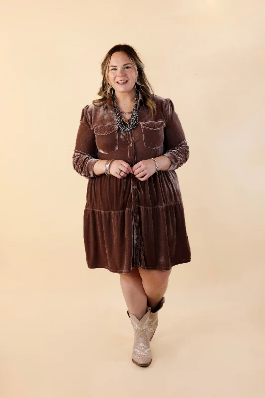 Grateful Gathering Velvet Button Up Dress with Long Sleeves in Almond Brown