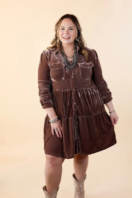 Grateful Gathering Velvet Button Up Dress with Long Sleeves in Almond Brown