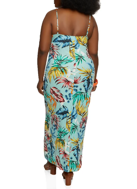 Plus Size Ribbed Tropical Print Tie Front Cami Dress