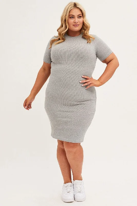 Grey Midi Dress Short Sleeve Rib Jersey Bodycon