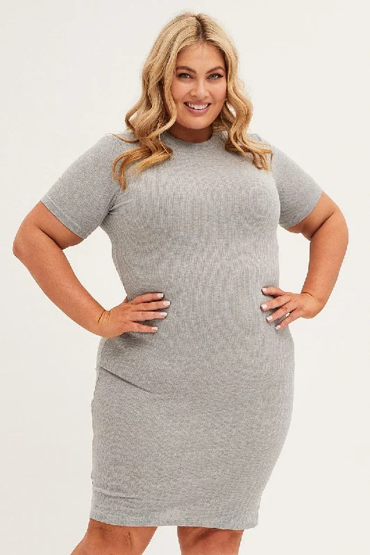 Grey Midi Dress Short Sleeve Rib Jersey Bodycon