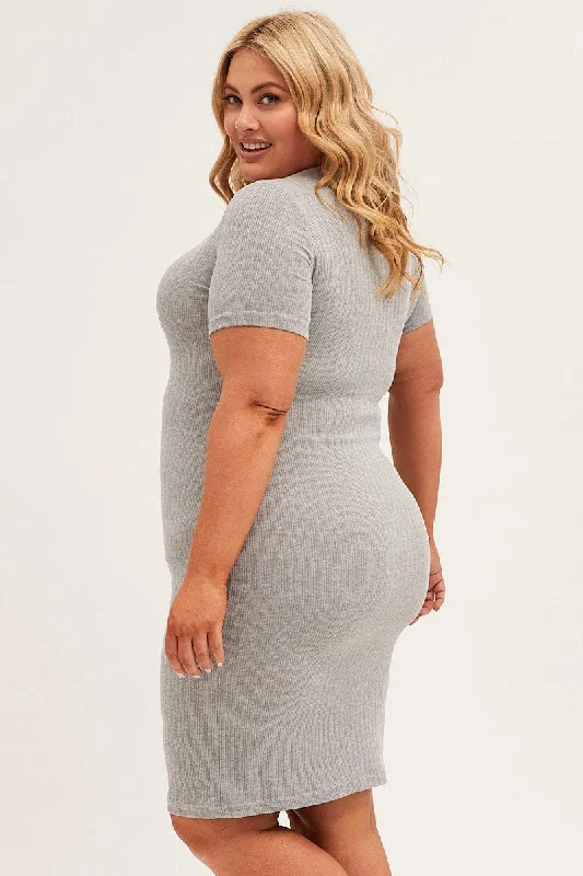 Grey Midi Dress Short Sleeve Rib Jersey Bodycon