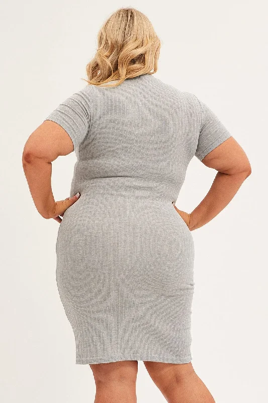 Grey Midi Dress Short Sleeve Rib Jersey Bodycon