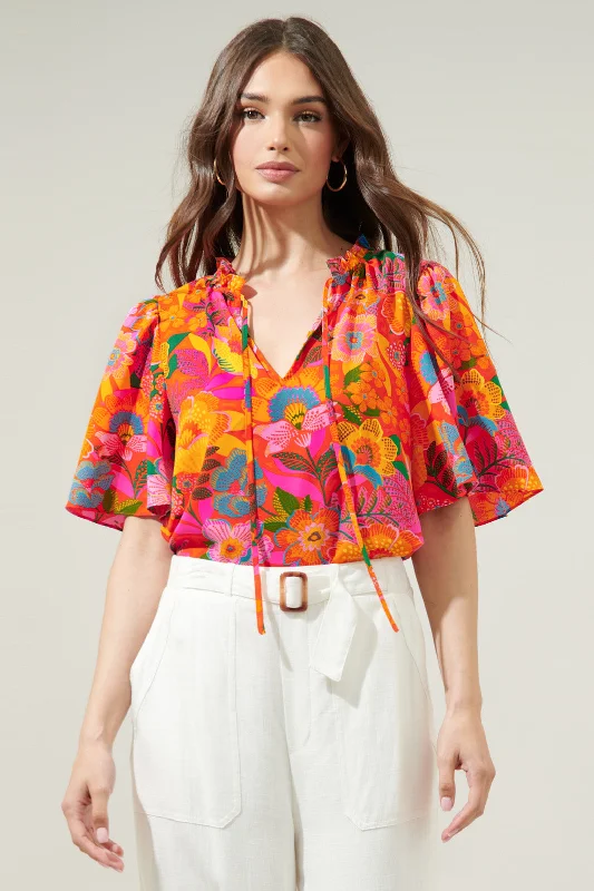 Idalia Floral Ruffle Split Neck Dupont Top