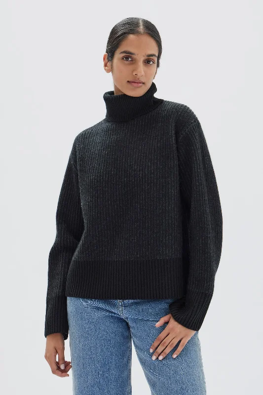 Krista Roll Neck Wool Rib Knit Jumper | Black